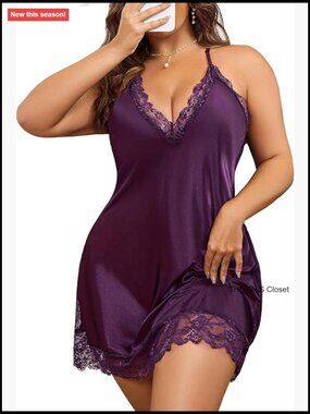Satin Lace Chemise Nightgown Full Slip Sleepwear Plus Size Sexy Lingerie